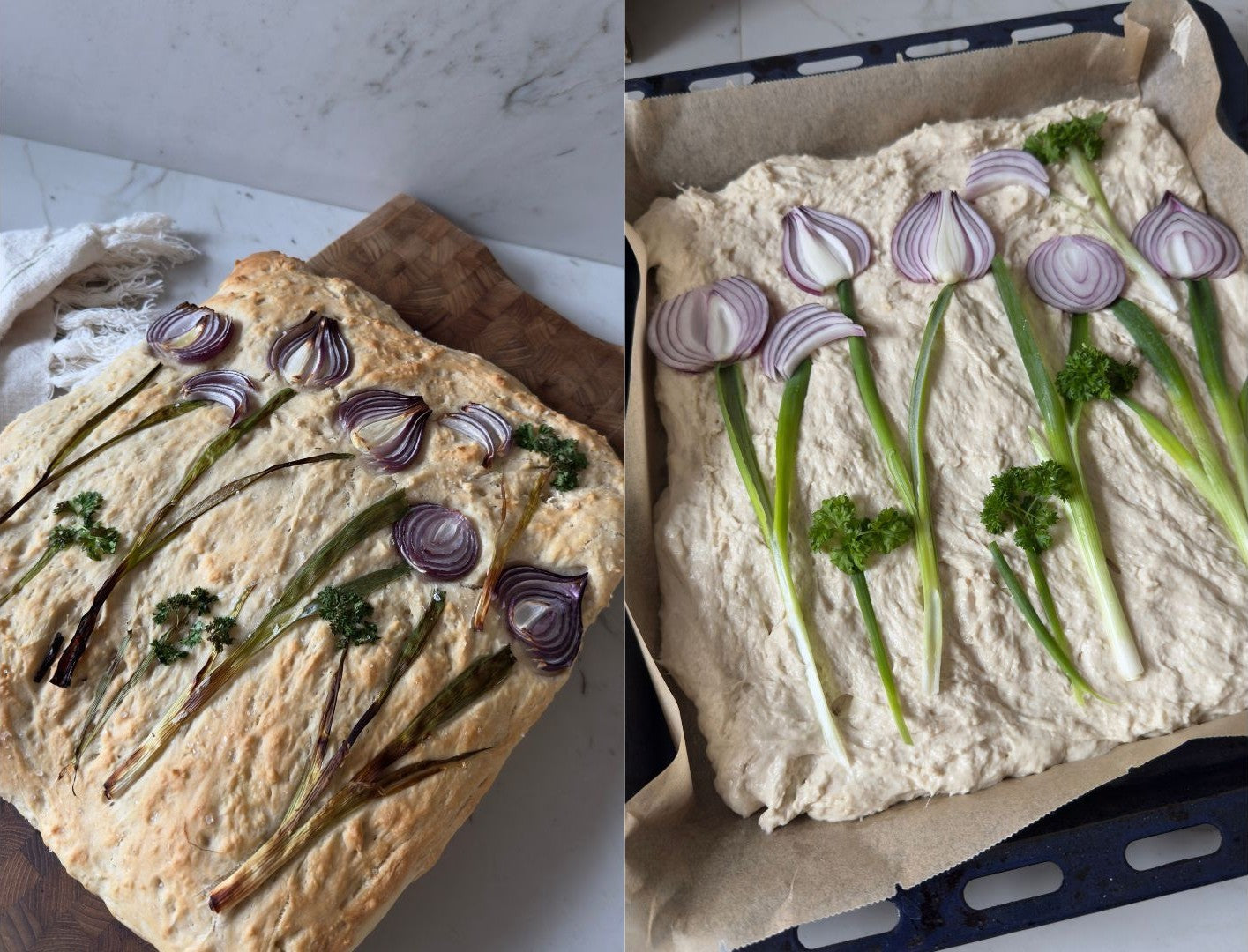Foccacia beklædt med blomster